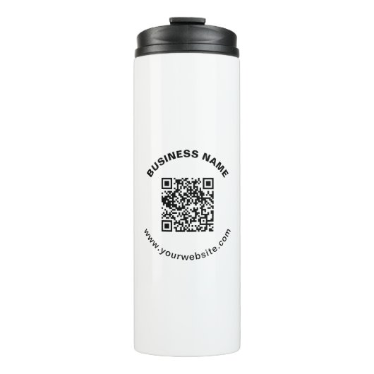 QR-Code mit Firmenname Fett Kreistext Thermosbecher (Vorderseite)
