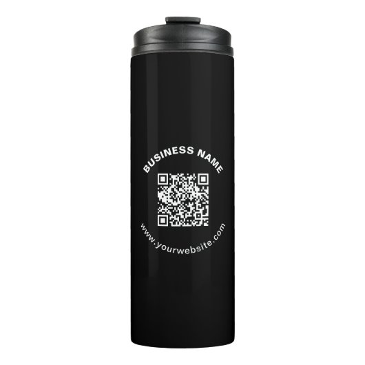 QR-Code mit Firmenname Fett Kreistext Thermosbecher (Vorderseite)