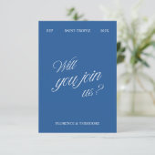 QR Code Modern Blue & White Wedding RSVP Karte (Stehend Vorderseite)