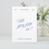 QR Code Modern Blue & White Wedding RSVP Karte (Stehend Vorderseite)
