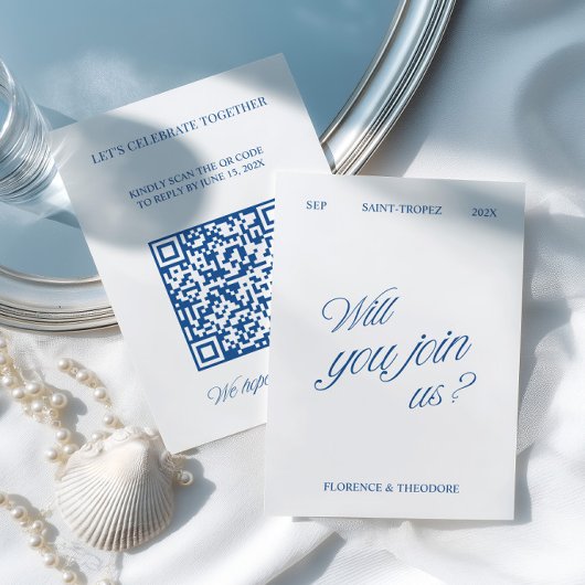 QR Code Modern Blue & White Wedding RSVP Karte