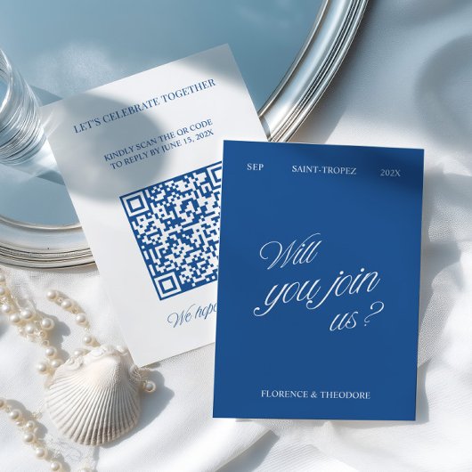 QR Code Modern Blue & White Wedding RSVP Karte