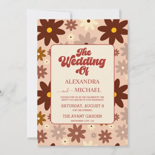 QR Code Modern Groovy Retro 70er Floral Wedding Einladung (Vorderseite)