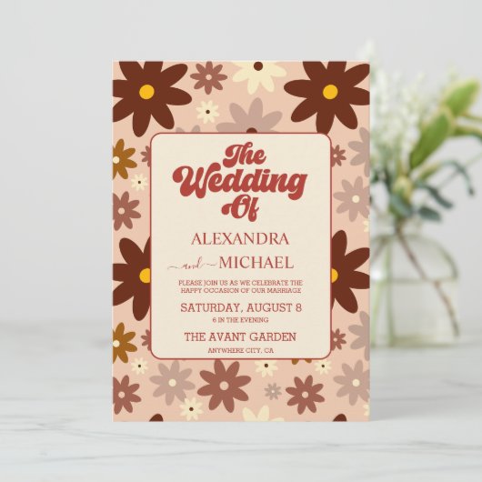 QR Code Modern Groovy Retro 70er Floral Wedding Einladung (Stehend Vorderseite)