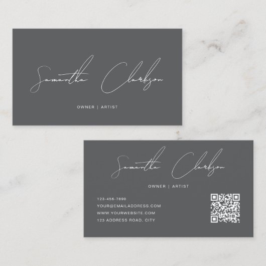 QR-Code Modern Rein Dunkelgrau Handschriftlich Skr Visitenkarte (Vorne/Hinten)