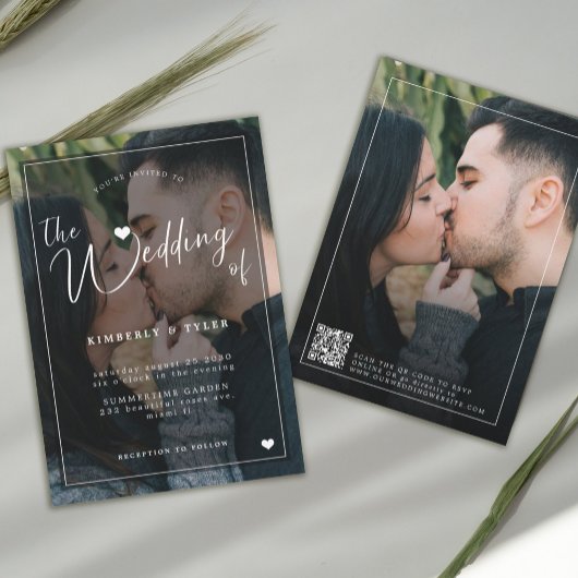 QR CODE Moderne 2 Foto Overlay Schwarze Hochzeit Einladung