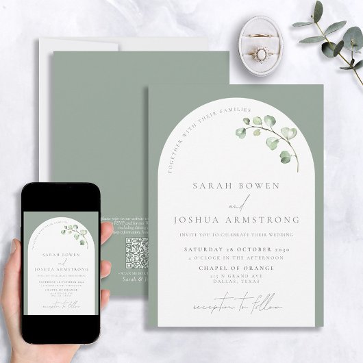 QR-Code Moderne altersgrüne Botanische Hochzeit Einladung
