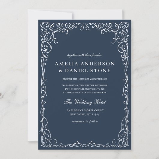 QR Code Moderne blaue Minimalhochzeit der Marine Einladung (Vorderseite)