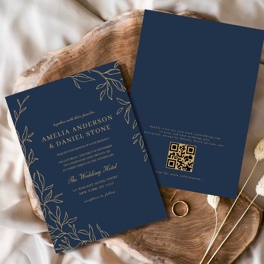 QR Code Moderne Blue Gold Minimal Hochzeit Einladung