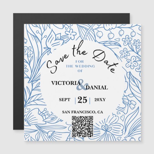 QR-Code Moderne Blumenhochzeit Save the Date Magnetkarte (Vorne/Hinten)