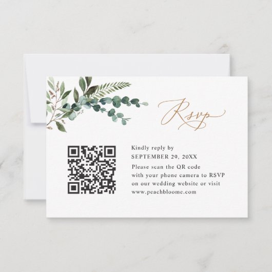 QR Code Moderne Boho Greenery Gold Wedding RSVP Karte (Vorderseite)