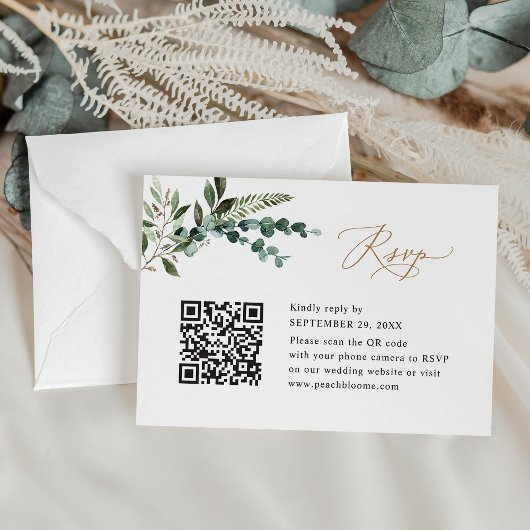 QR Code Moderne Boho Greenery Gold Wedding RSVP Karte