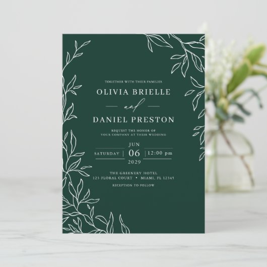 QR Code Moderne Emerald Green Minimal Leaf Hochzei Einladung (Stehend Vorderseite)