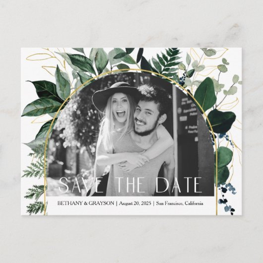 QR-Code Moderne Grünflächen Blätter Foto Save the Ankündigungspostkarte (Vorderseite)