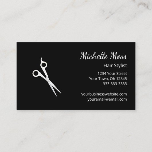 QR-Code Moderne Haar Stylist Scheren Schwarz Visitenkarte (Vorderseite)