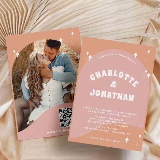 QR-Code Moderne, helle Retro-Hochzeit Einladung