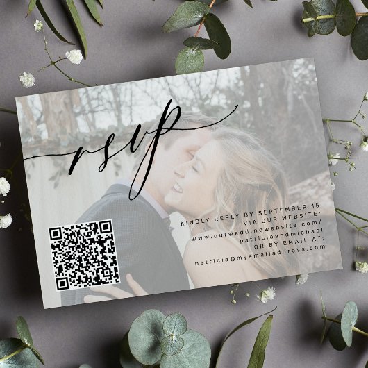 QR-Code Moderne Kalligraphie Foto Hochzeit RSVP Karte