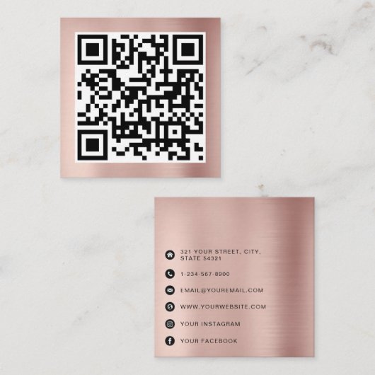 QR-Code Moderne Minimalistische Rose Gold Pink Quadratische Visitenkarte (Vorne/Hinten)