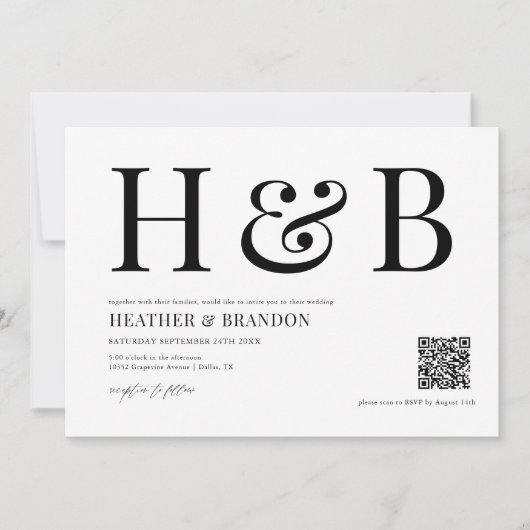 QR Code Moderne Monogramm Hochzeitseinladung Save The Date (Vorderseite)
