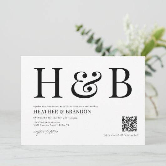 QR Code Moderne Monogramm Hochzeitseinladung Save The Date (Stehend Vorderseite)