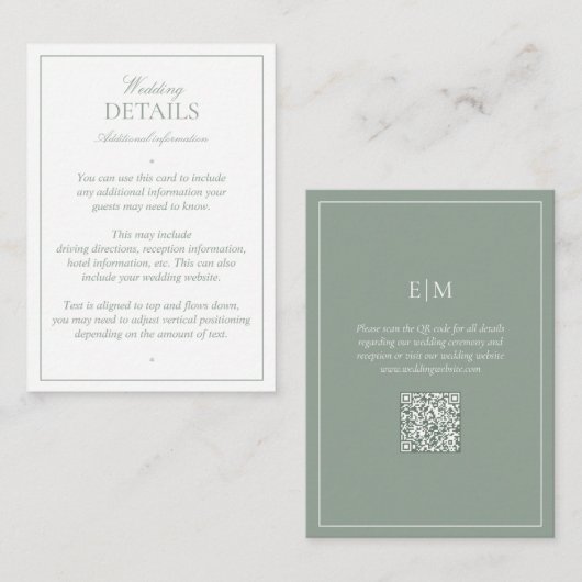 QR-Code Moderne Monogramm Sage Green Wedding Detai Begleitkarte (Vorne/Hinten)