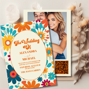 QR-Code Moderne Retro 70er Daisy-Hochzeit Einladung