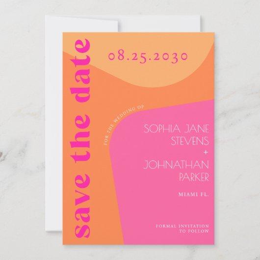QR-Code Moderne Retro-Groovy Orange-Rosa Hochzeit Save The Date (Vorderseite)