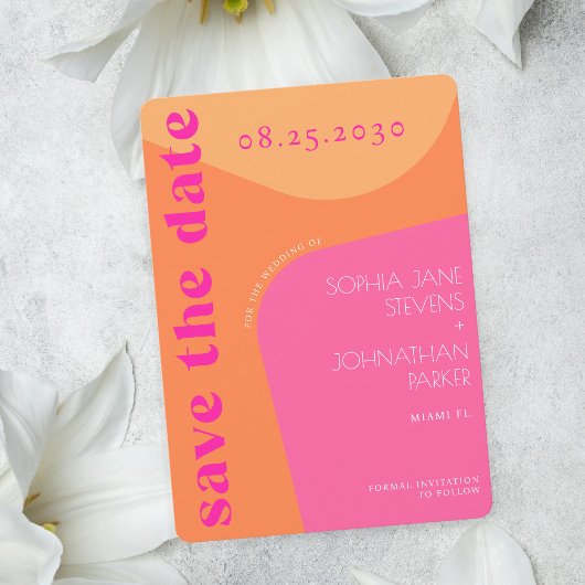 QR-Code Moderne Retro-Groovy Orange-Rosa Hochzeit Save The Date