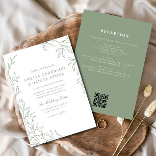 QR-Code Moderne Sage Green Minimal Leaf Hochzeit Einladung