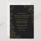 QR Code Moderne Schwarz Gold Minimal Leaf Hochzeit Einladung (Vorderseite)
