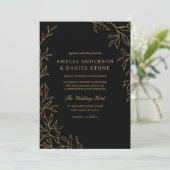 QR Code Moderne Schwarz Gold Minimal Leaf Hochzeit Einladung (Stehend Vorderseite)