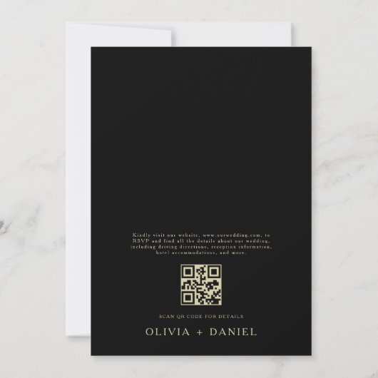 QR Code Moderne Schwarz/Gold Minimal Leaf Hochzeit Einladung (Rückseite)