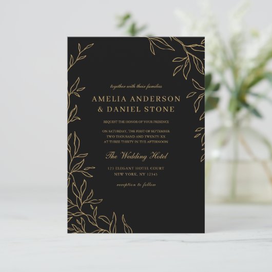 QR Code Moderne Schwarz Gold Minimal Leaf Hochzeit Einladung (Stehend Vorderseite)