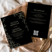 QR Code Moderne Schwarz/Gold Minimal Leaf Hochzeit Einladung