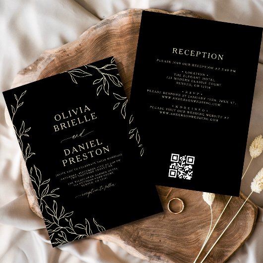 QR Code Moderne Schwarz/Gold Minimal Leaf Hochzeit Einladung