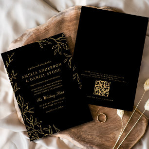 QR Code Moderne Schwarz Gold Minimal Leaf Hochzeit Einladung