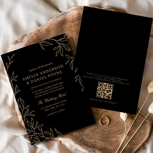 QR Code Moderne Schwarz Gold Minimal Leaf Hochzeit Einladung