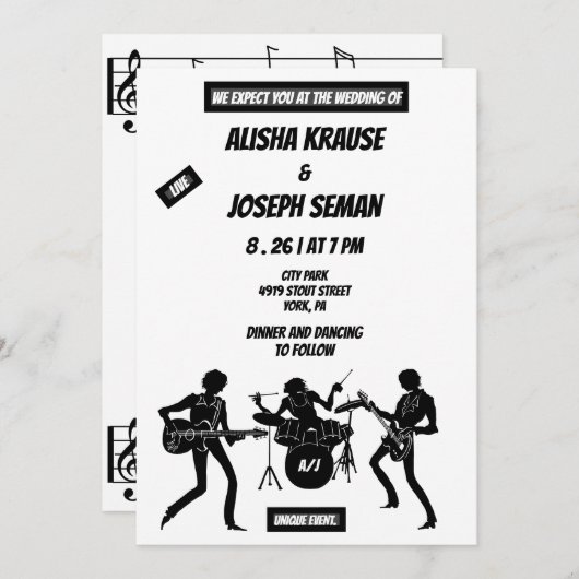 QR Code Moderne Schwarz- und Withe-Musikhochzeit Einladung (Vorne/Hinten)