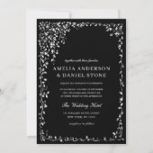 QR Code Moderne Schwarz/Weiß Minimal Leaf Hochzeit Einladung (Vorderseite)