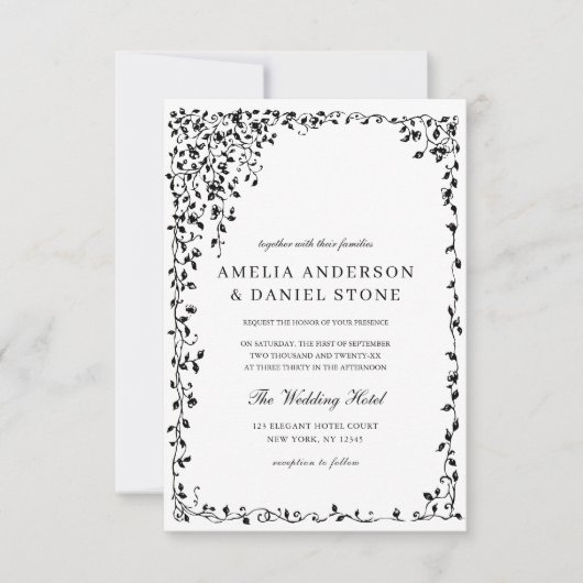 QR Code Moderne Schwarz/Weiß Minimal Leaf Hochzeit Einladung (Vorderseite)