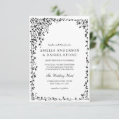 QR Code Moderne Schwarz/Weiß Minimal Leaf Hochzeit Einladung (Stehend Vorderseite)