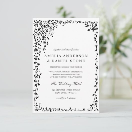 QR Code Moderne Schwarz/Weiß Minimal Leaf Hochzeit Einladung (Stehend Vorderseite)