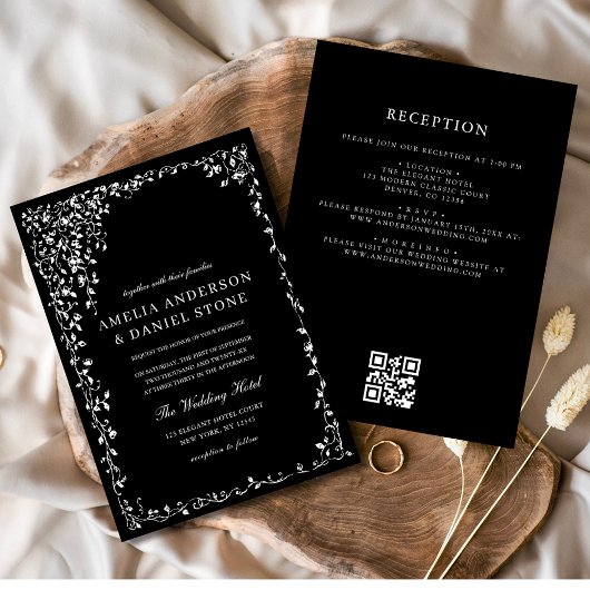 QR Code Moderne Schwarz/Weiß Minimal Leaf Hochzeit Einladung