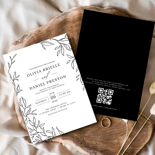 QR Code Moderne Schwarz/Weiß Minimal Leaf Hochzeit Einladung