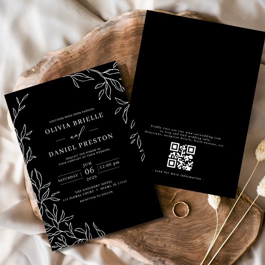 QR Code Moderne Schwarz/Weiß Minimal Leaf Hochzeit Einladung