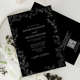 QR Code Moderne Schwarz/Weiß Minimal Leaf Hochzeit Einladung