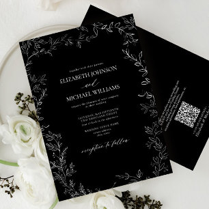 QR Code Moderne Schwarz/Weiß Minimal Leaf Hochzeit Einladung