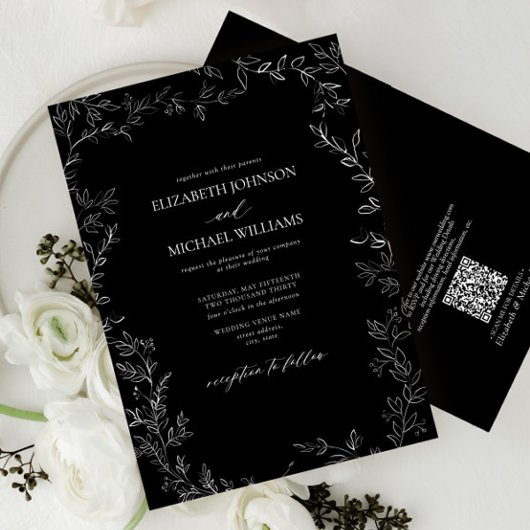 QR Code Moderne Schwarz/Weiß Minimal Leaf Hochzeit Einladung