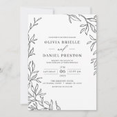 QR Code Moderne Schwarz/Weiß Minimal Leaf Hochzeit Einladung (Vorderseite)