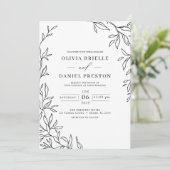 QR Code Moderne Schwarz/Weiß Minimal Leaf Hochzeit Einladung (Stehend Vorderseite)